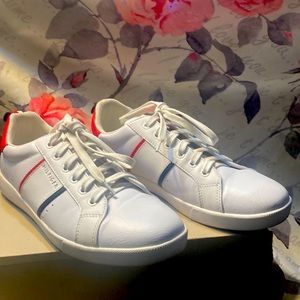 TH White Leather Sneakers. Red and Blue accent’s.